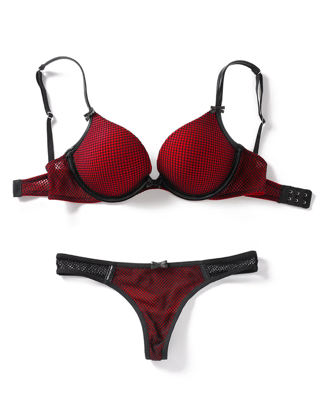 Womens Sexy PU Leather Two-Piece Lingerie Set Fishnet Half-Cup Bra Wireless  Push up with Panty