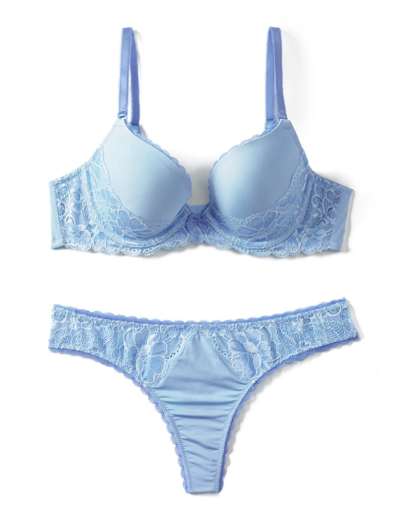 Womens PRETTY BLUE LACE PUSH-UP BRA Deep Plunge WIDE CHEST BAND