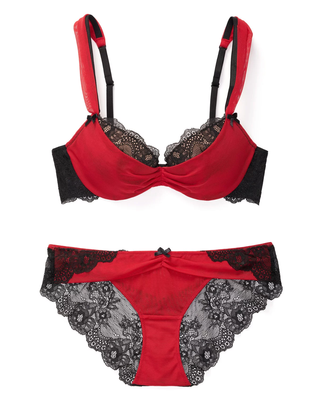 Women's Red Strappy Lace Bralette High Waist Lace Up Panty Set