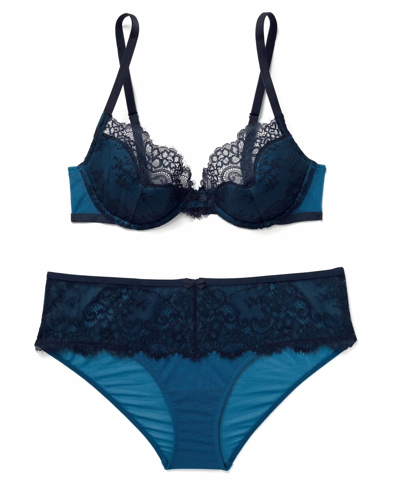 Shyle Blue Lace Overlay Padded Bra & Panty Set - 38C/XL in
