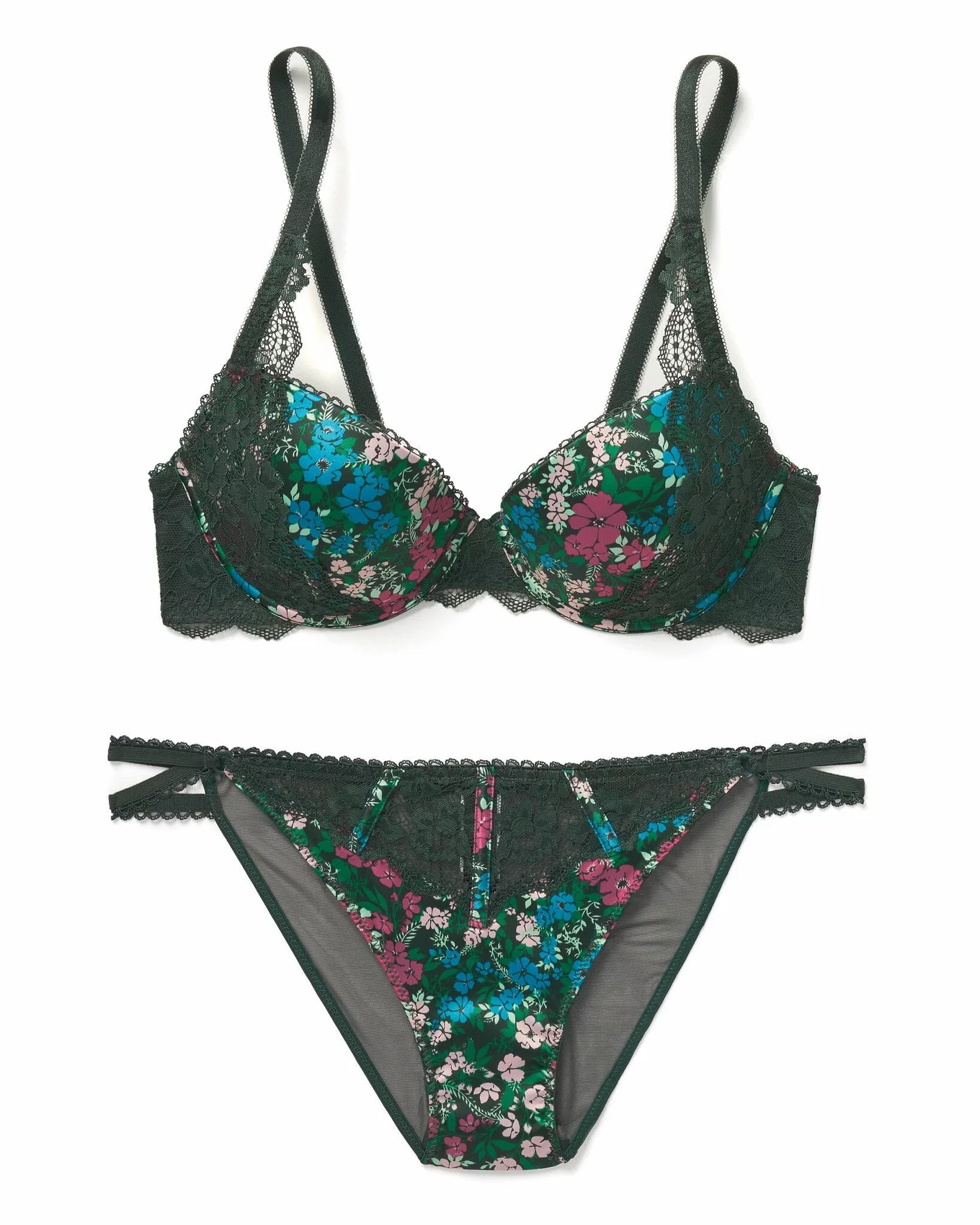 Push Up Bra and Panty Sets 3/4 Cup Black Green Lace