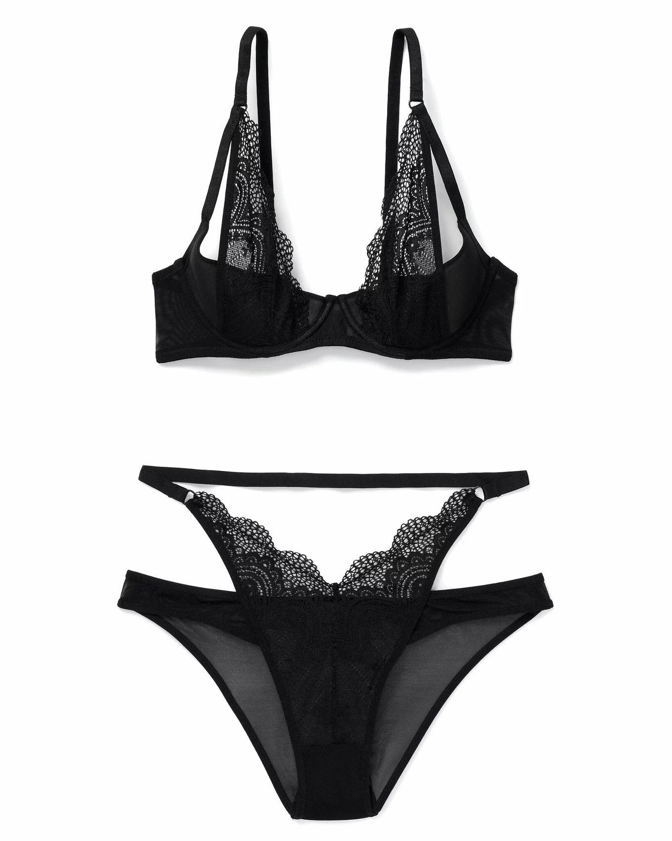 Plus Size Women's Black Lingerie Set With Scallop Edge, Bra And