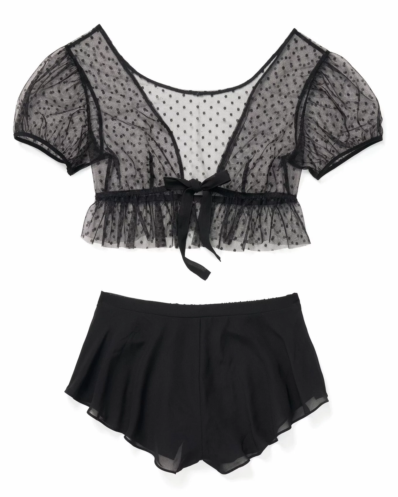 Love & Other Things short sleeve mesh crop top and thong set in black