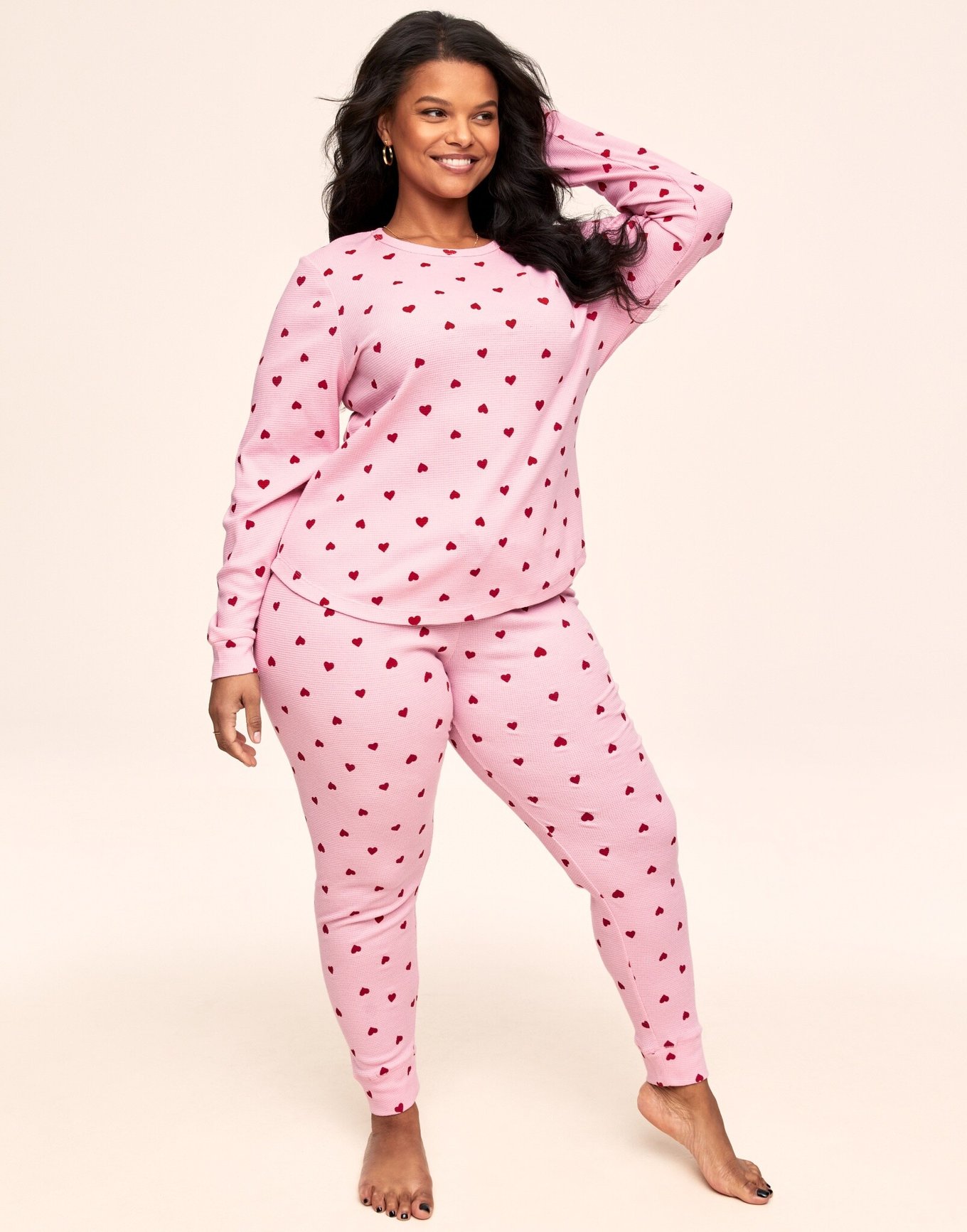 Pink Heart Print Lingerie Sleep And Lounge Pajama Set For Women
