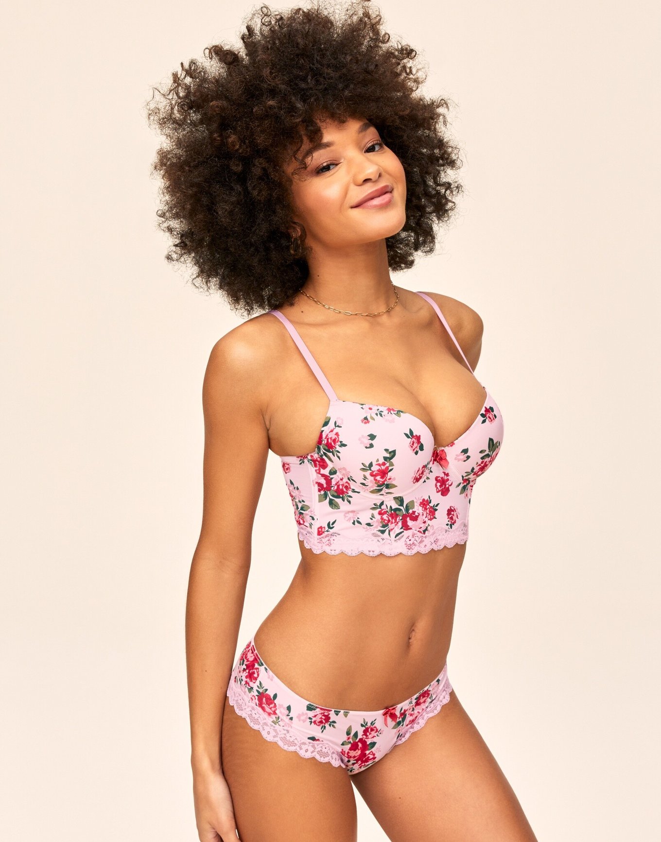 Floral Lace Push Up Bra And Briefs Set Back Comfortable Pink
