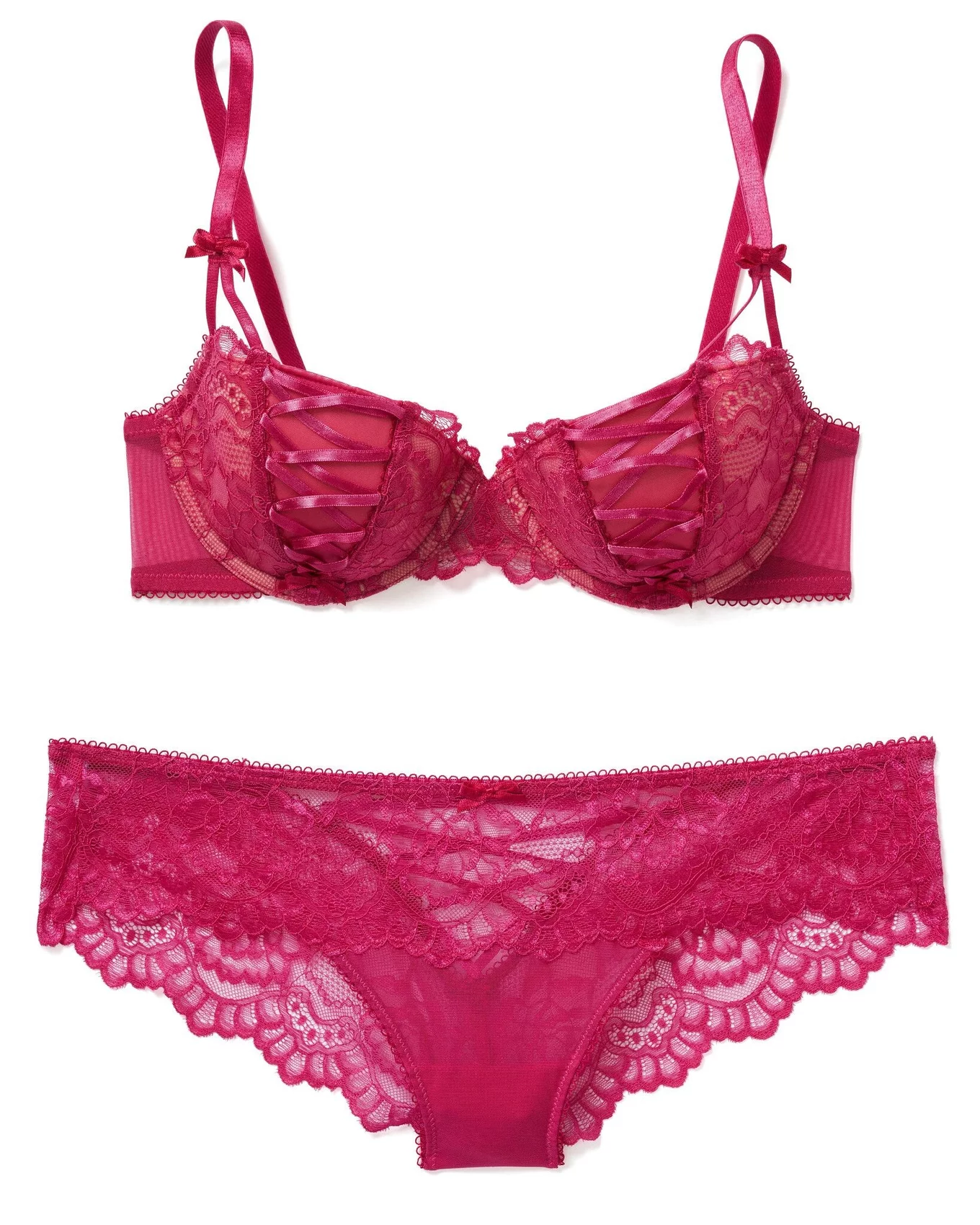 Plus Hot Pink Lace Up Detail Satin Underwired Bra