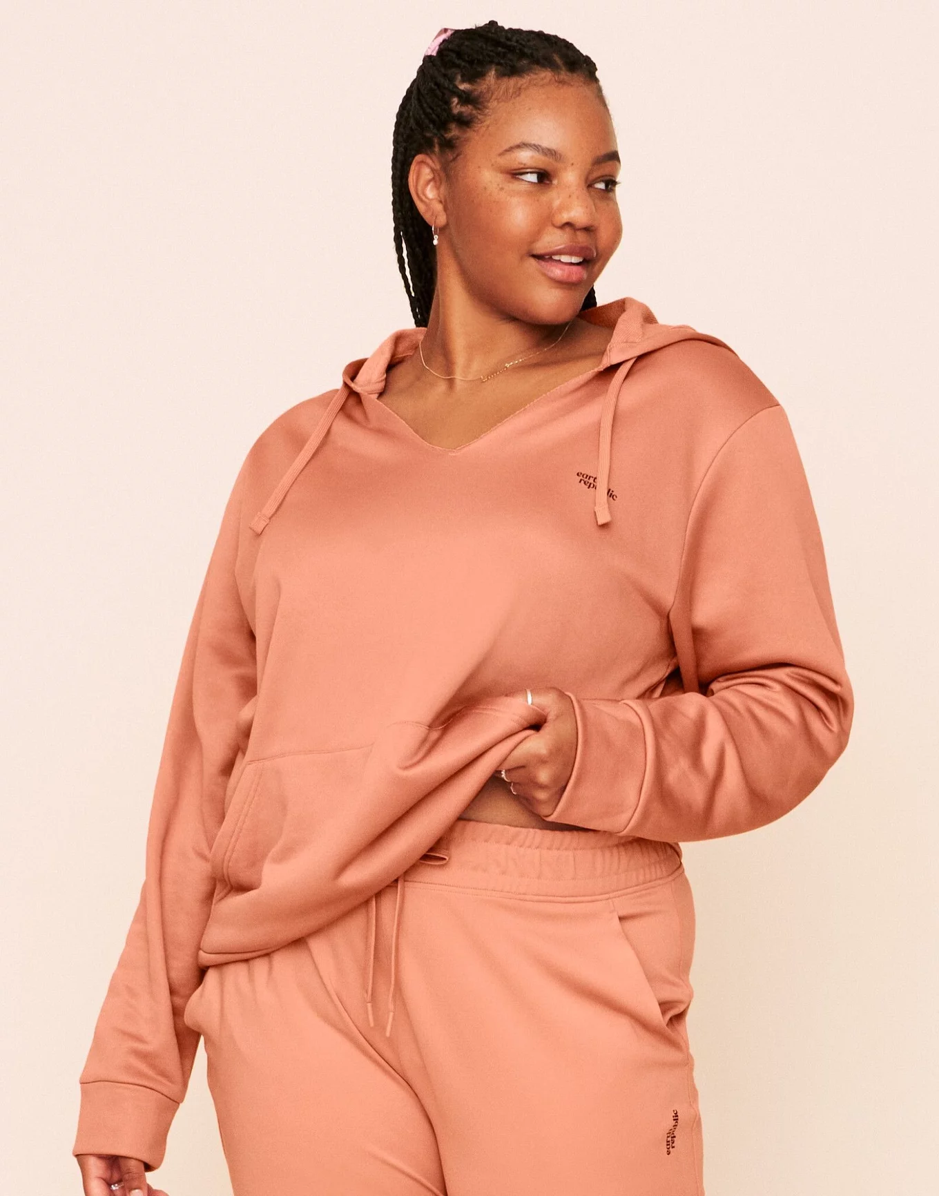 Faye Hooded Pullover Placement Pink Plus Hood with drawstrings, 1X