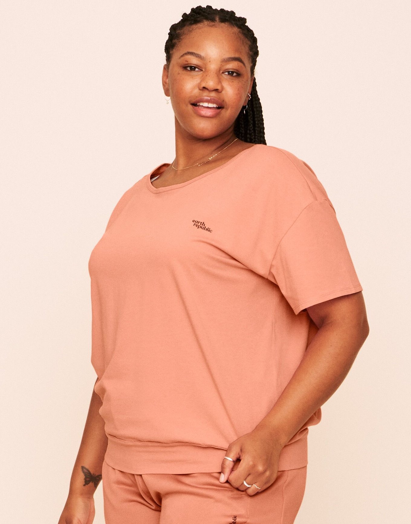 Juniper Open Back Slouch Top Placement Pink Plus Short sleeves, 1X