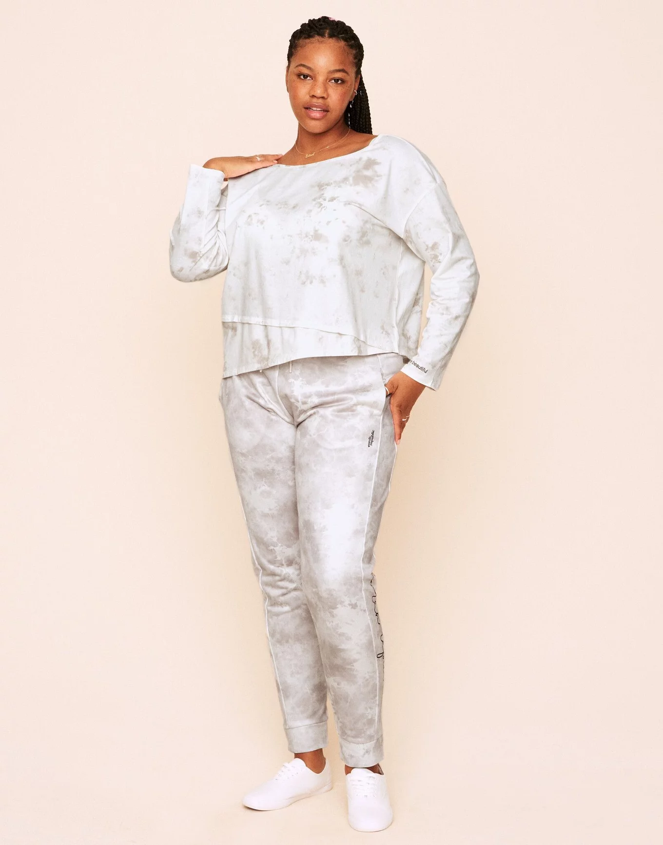 Plus Size Casual Pajama Set, Women's Plus Ombre Marble Print Long Sleeve  Top & Drawstring Jogger Pants Pajamas Two Piece Set