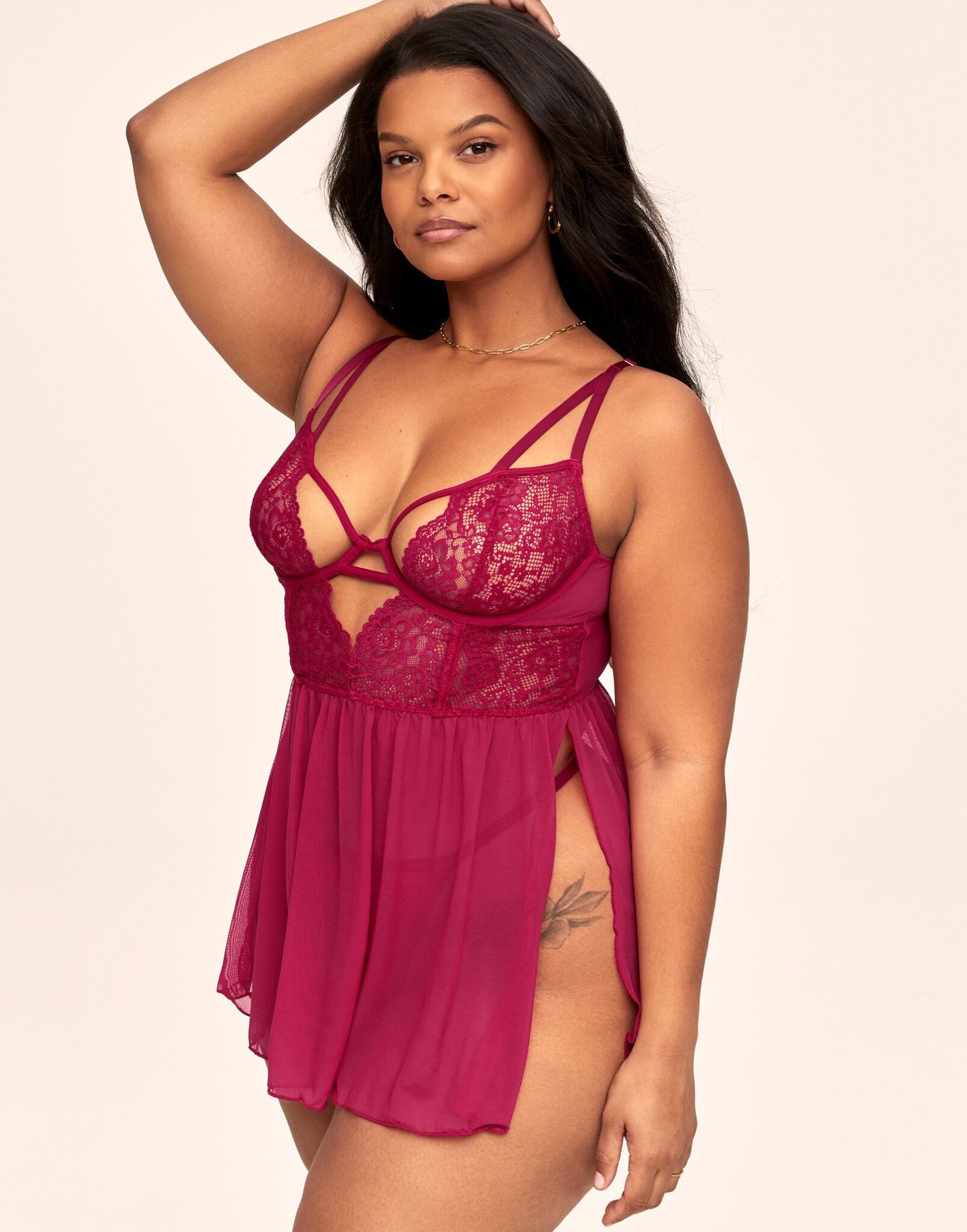 Curvy Mesh & Lace Cup Babydoll Nightdress with G-String - Red