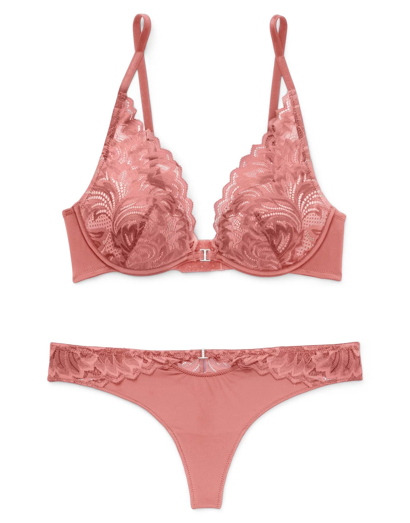 Dainty Enchantment Lace Trim Push-Up Bra and Panty Set in Pink