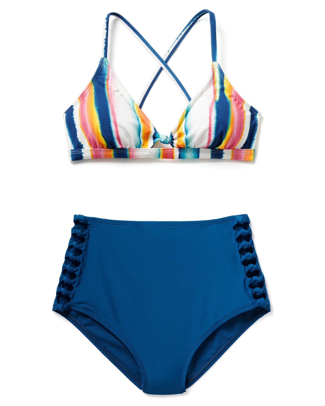 Retro Vintage High Waisted Swim Suits Bikini Set w/Adjustable Self-tie for  Women