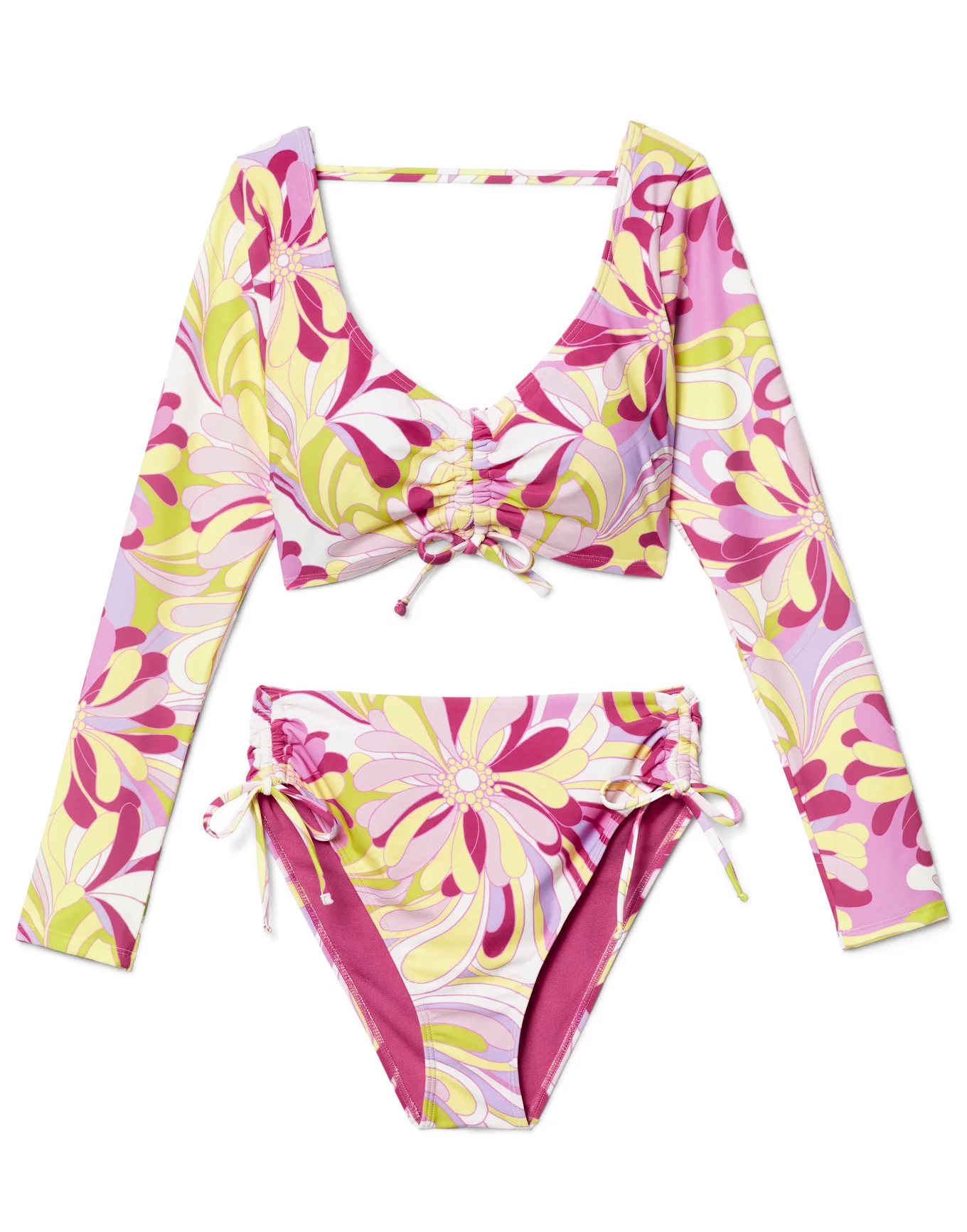 Topaz Floral Pink Rash Guard Bikini, XS-XL