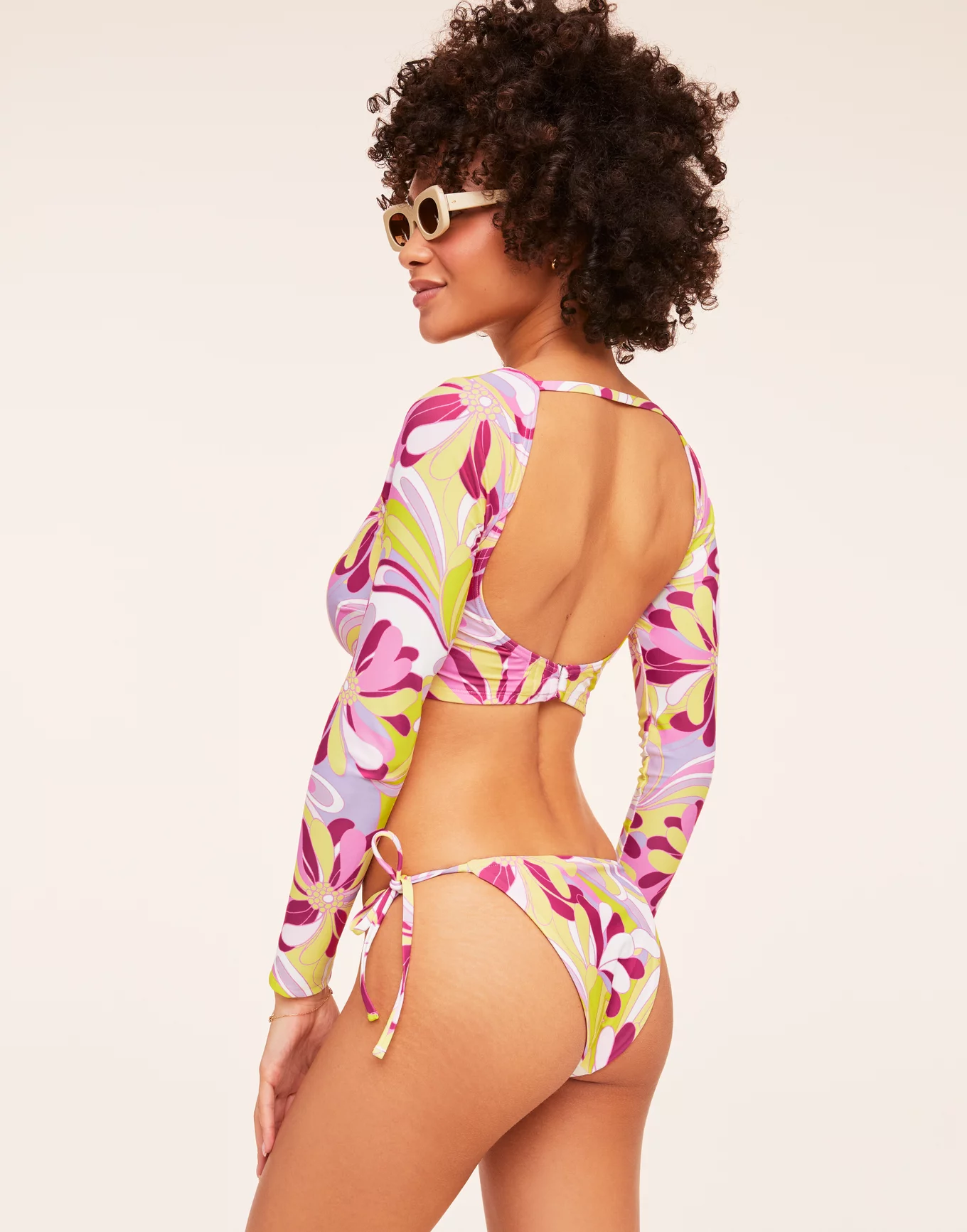 Floral Print Tankini Set Short Sleeve Drawstring Front Swim Shirt