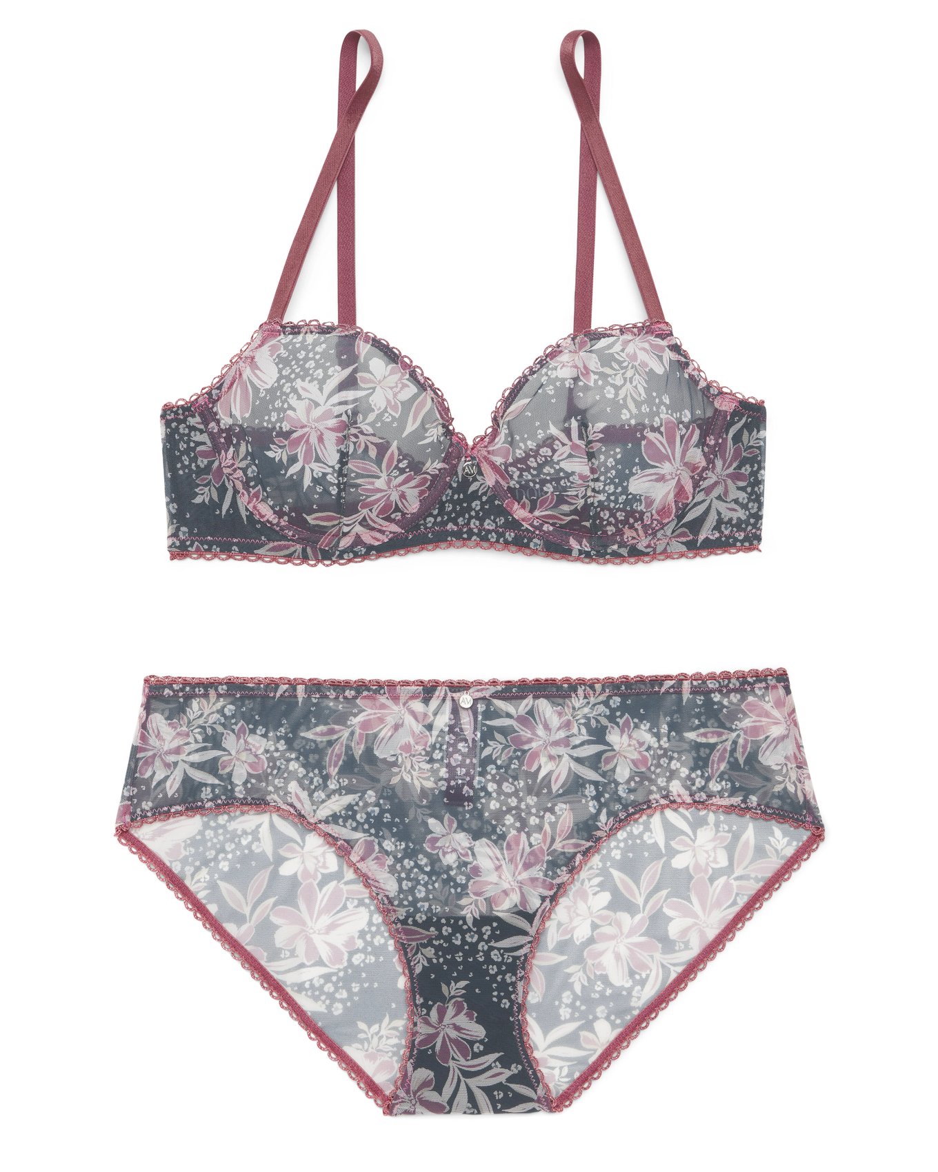 Plus Size Cute Lingerie Set, Women's Plus Ditsy Floral Print Contrast Lace  Bra & Panty Lingerie Two Piece Set