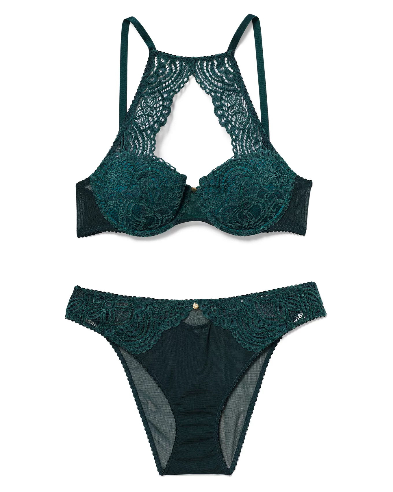 Velour cotton lingerie emerald green set with lace panties and bra