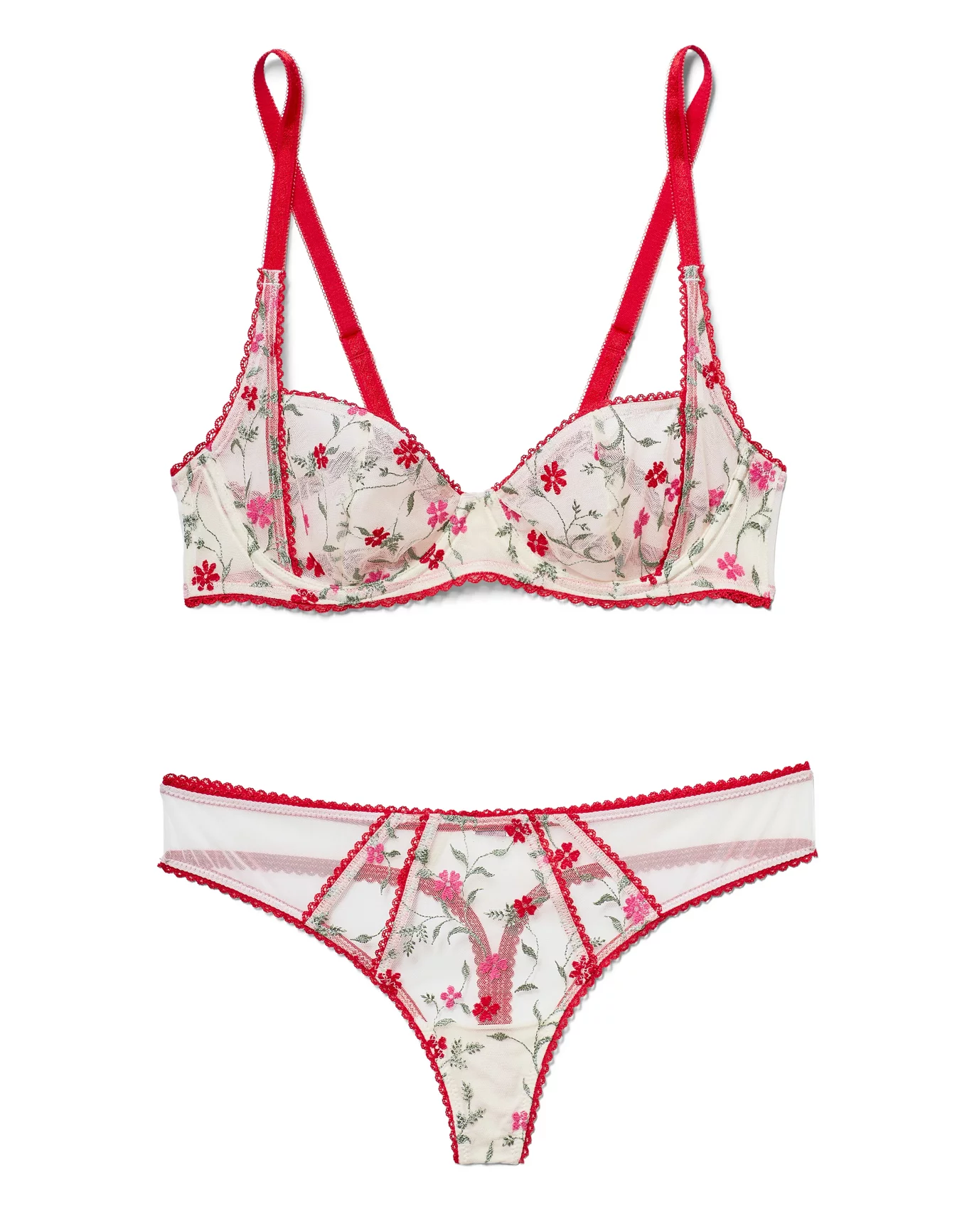 Red women underwear and spring Tulips flowers on white. Red bra and pantie.  Copy space. Beauty, fashion blogger concept. Romantic lingerie for  Valentine's day temptation.Erotic concept.Floral pattern. Stock Photo