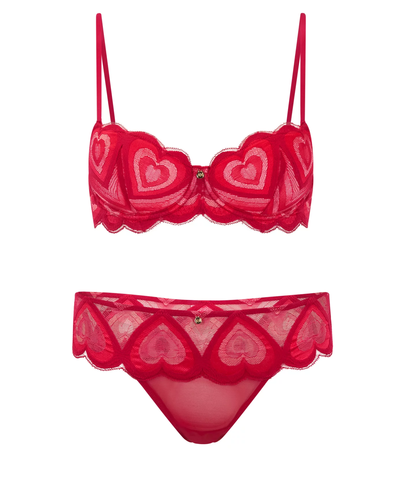 Amore Lace And Fishnet Front Fastening Padded Plunge Bra In Tomato-red
