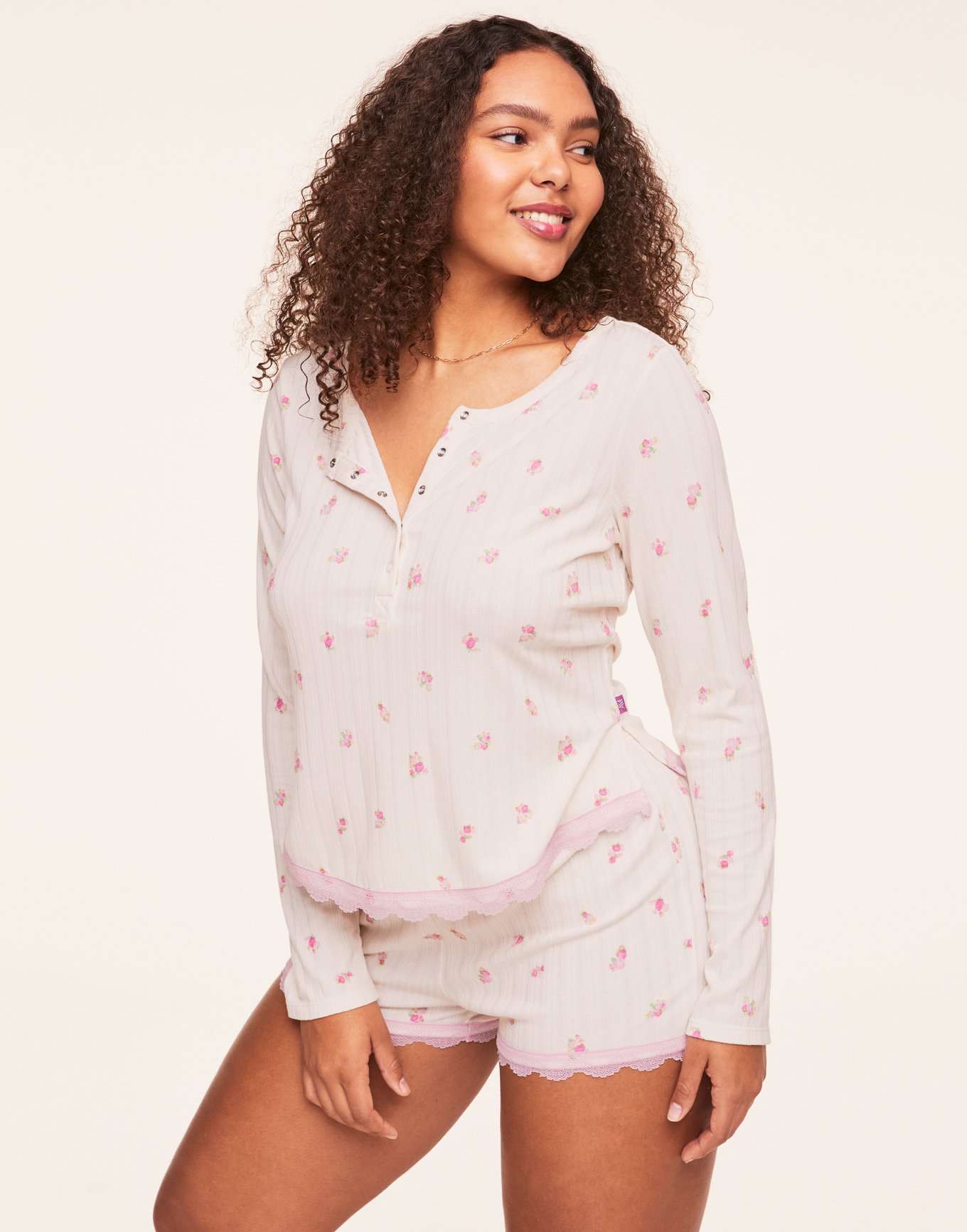 Kennedy Floral Pink Plus Long sleeve henley and short set, 1X-4X