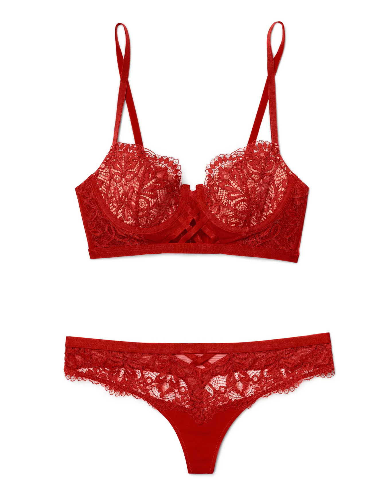 Victorias Secret Sexy Banded Red Strappy Balconette Bra Set 36C & Panty M