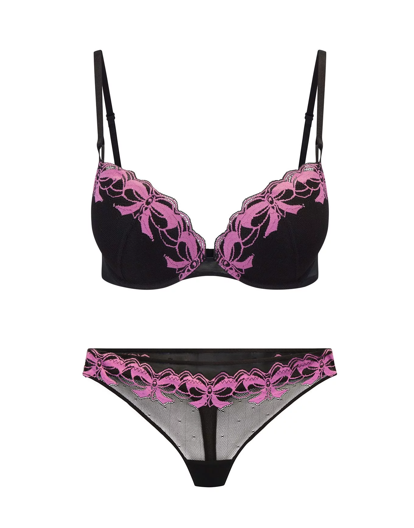 Elegant Pink & Black Lace Underwire Bra & Thong Set
