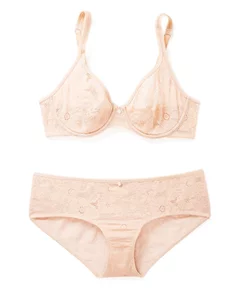 Full coverage lace bra set with high cut coordinated brief, beige - Plus  Size. Colour: beige. Size: 40c/9