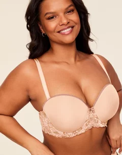 Torrid 46D Nude Multi-Way Strapless Bra Beige Side Lace Accents Convertible