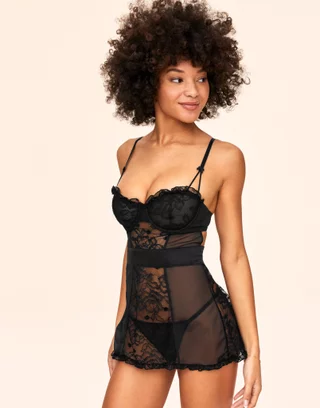 Sheer Lingerie Set includes lace trim babydoll camisole and matching lace  trimmed panties